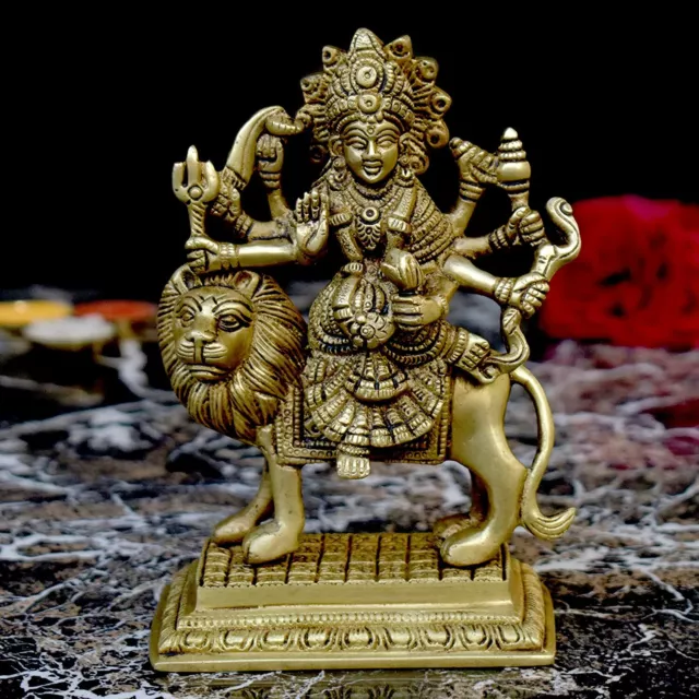 Brass Durga Idol Sitting on Lion Religious Goddess Durga Statue Home Decor Rare