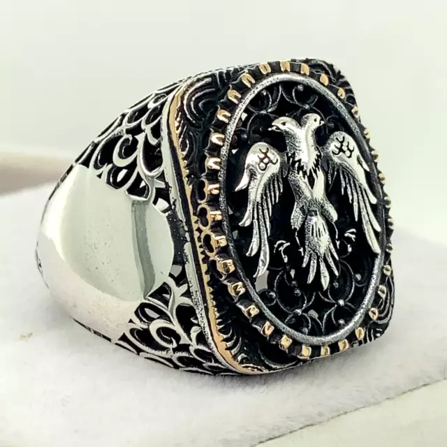 Silver Eagle Ring , Men Handmade Double Headed Eagle Ring , Ottoman Seljuk Eagle