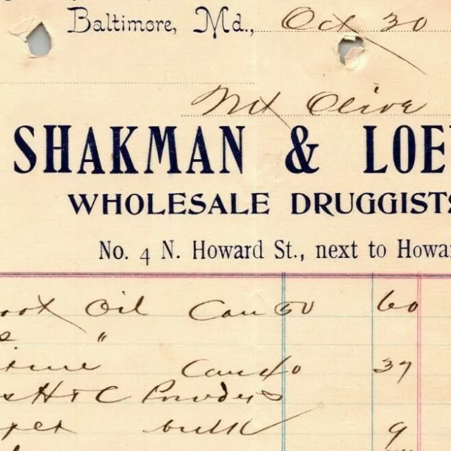 1899 Letterhead Billhead Shakman & Loewy Druggists Baltimore - Ephraim Baker*