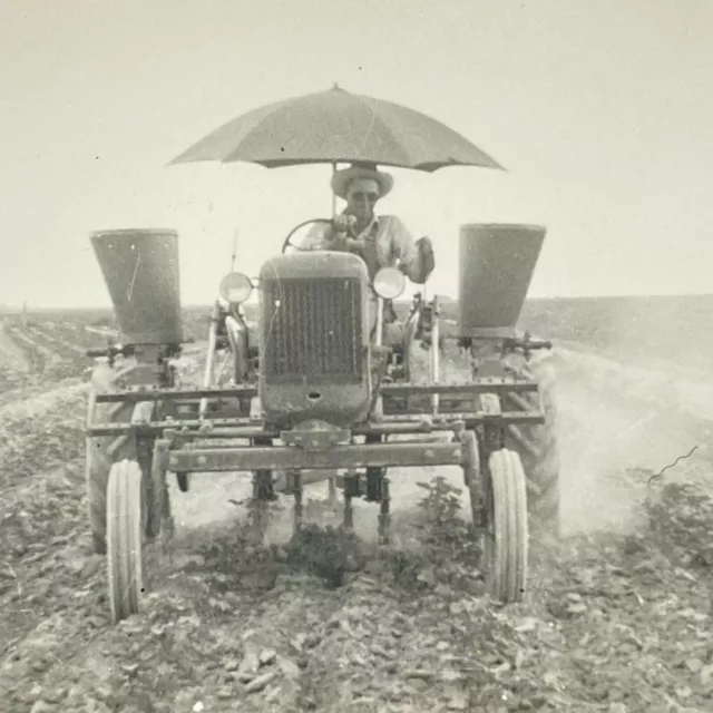 Vintage Real Photo Farmer Cotton Planter Tractor in the Field Under Umbrella