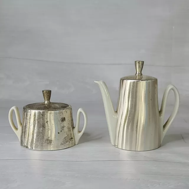 *Vtg HKE Silver On Porcelain Creamer And Sugar Pair Made Germany