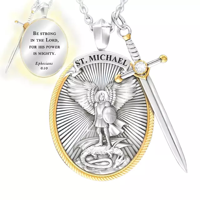 St Michael Pendant Necklace Catholic Patron Saint Archangel Prayer & Sword Chain