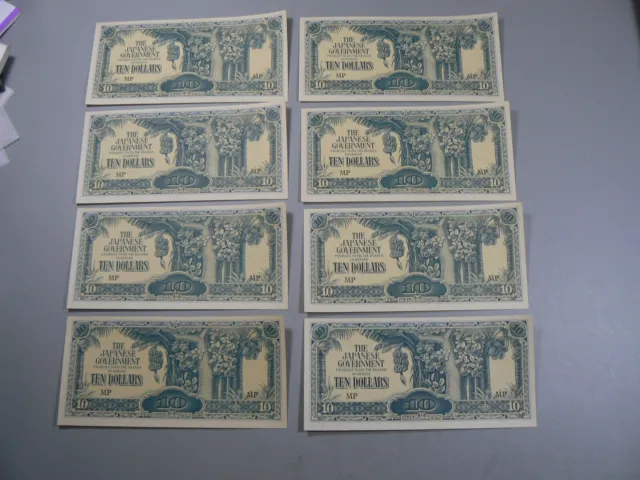 WWII Japanese Invasion Money Malay JIM 10 Dollars Lot of 8 Notes