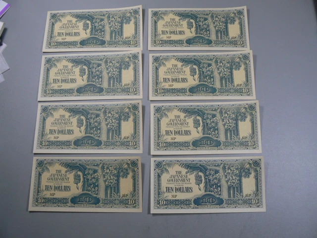 WWII Japanese Invasion Money Malay JIM 10 Dollars Lot of 8 Notes WWII Japanese Invasion Money Malay JIM 10 Dollars Lot of 8 Notes
