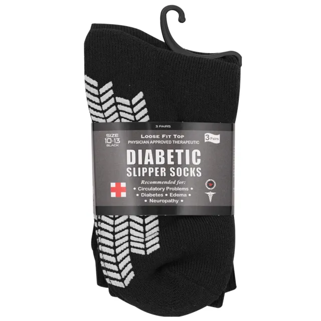 3 Pairs Diabetic Men & Women Non Skid Crew Slipper Socks Size 10-13 Color Black