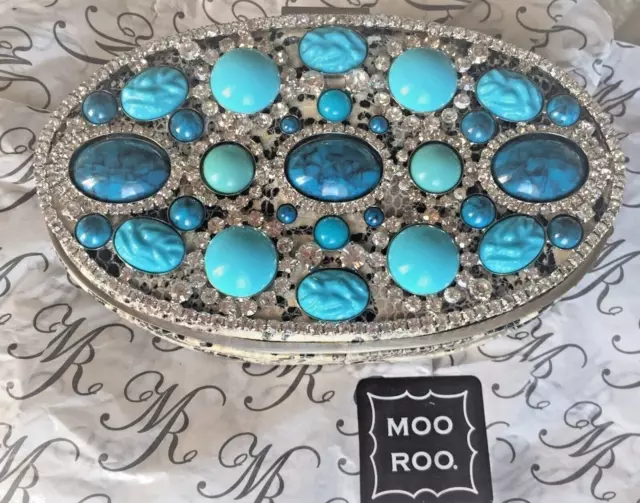 New $1195 MOO ROO Onassis Turquoise Jeweled Swarovski Evening Clutch Bag