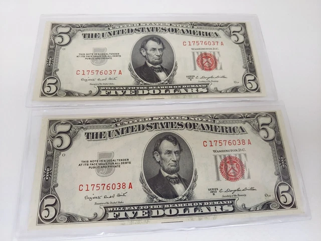 Consecutive Serial Number 1953B $5 Dollar Bill Red Seal US Currency UNC Note Lot