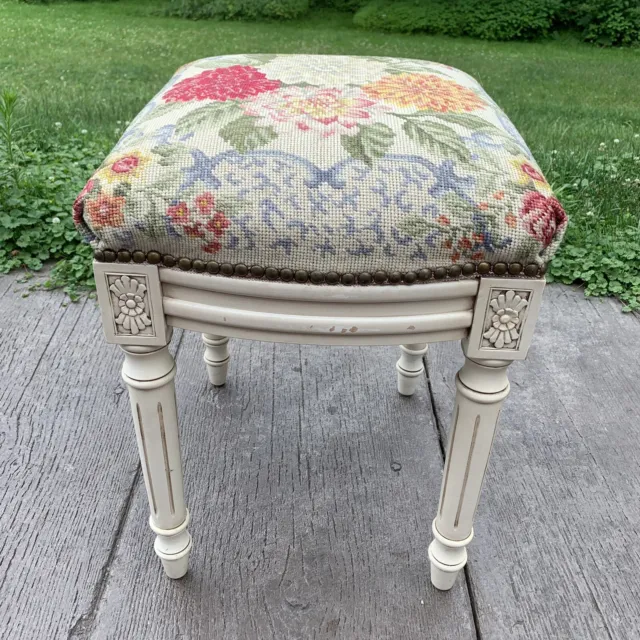 Antique French Louis XVI Mahogany Needlepoint Bench Footstool Antique White