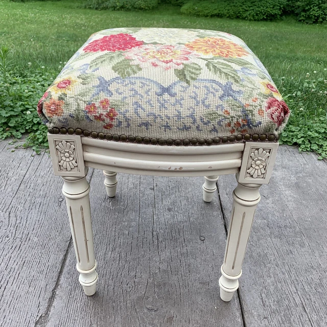 Antique French Louis XVI Mahogany Needlepoint Bench Footstool Antique White
