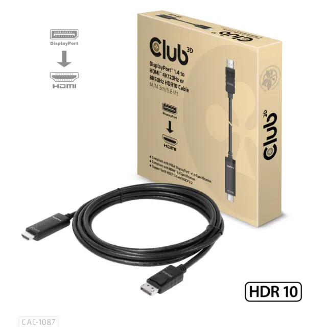 Club 3D DisplayPort 1.4 to HDMI 4K120Hz or 8K60Hz HDR10 Cable M/M 3m/9.84ft - 3