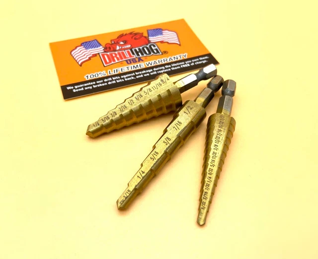 3 Pc Titanium Step Bit Set Step Drill Unit Bit Hex Shank Warranty Drill Hog®