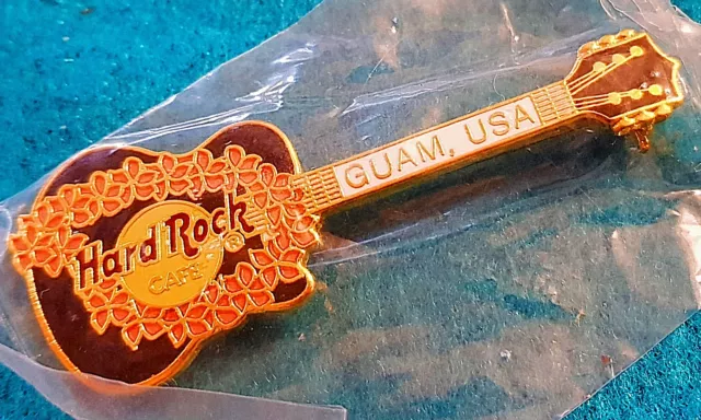 GUAM USA BLACK ACOUSTIC GUITAR & PINK WELCOME LEI FLOWERS Hard Rock Cafe PIN MIP