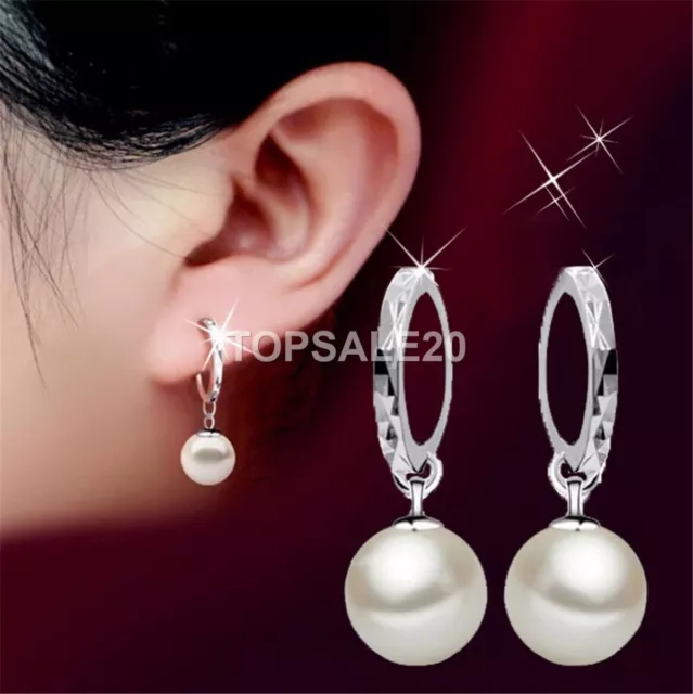 925 Sterling Silver Plated Hoop Charm Pearl Drop Dangle Earrings