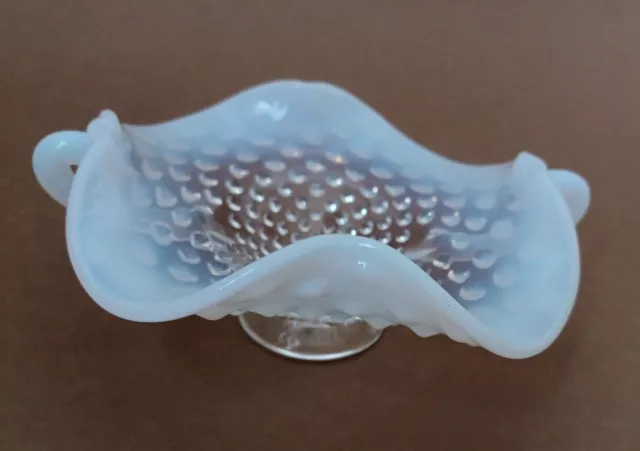 Fenton Opalescent Clear & White Milk Glass Hobnail Bon Bon Candy Ruffled Dish