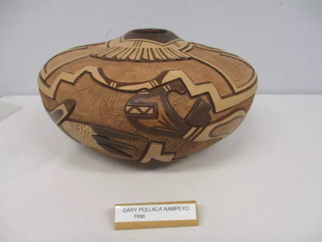 Signed Gary Polacca Nampeyo Native American Hopi Incised Carved Flat Seed Pot