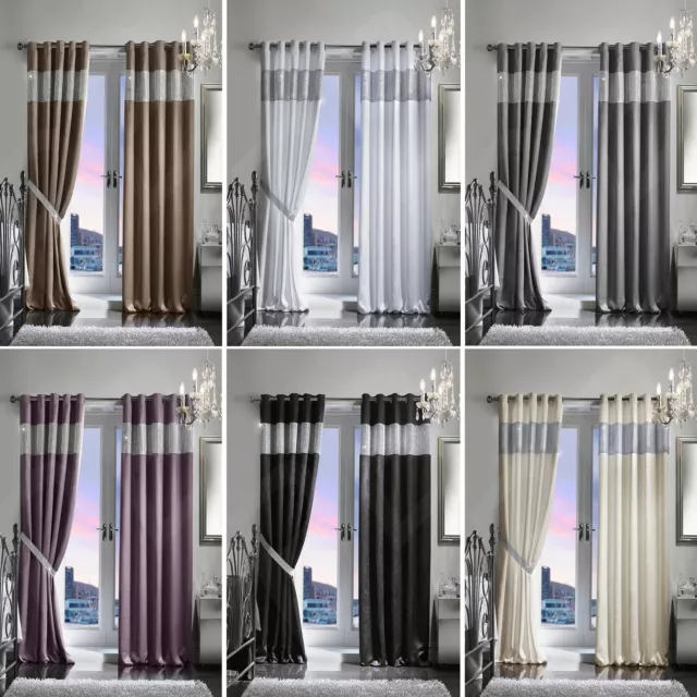 Pair Luxury Heavy Velvet Style Diamante Diamond Blackout Thermal Eyelet Curtains