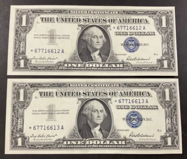 2 Consecutive 1957 $1  Silver Certificate uncirculated STAR NOTES - FR #1619