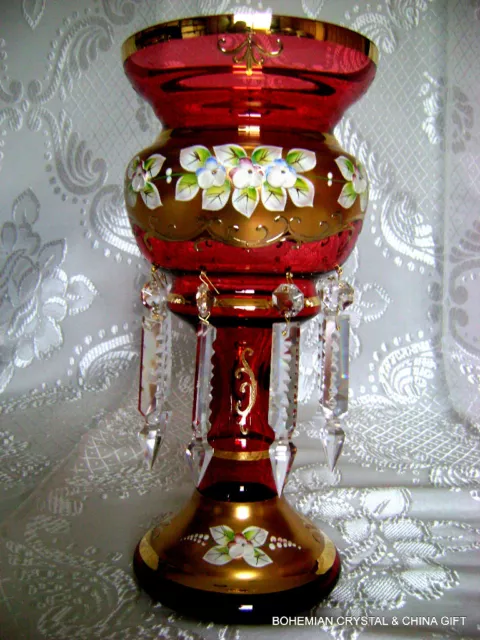 Czech Bohemian Slavia High Enamel Ruby Red Crystal Glass Mantle Lustre Vase Nib