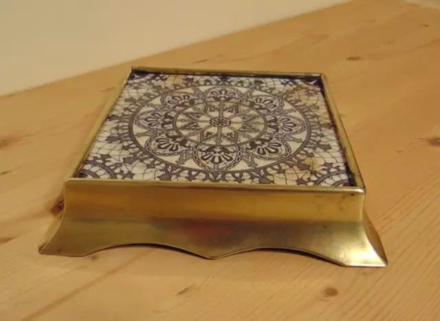 Antique Art Nouveau Tile & Brass Teapot Stand / Trivet