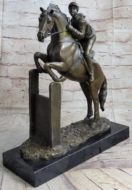 Very Large Solid Bronze Equestrian Horse With Jockey On Walnut Base Rare Gift Nr