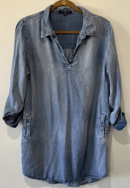 Velvet Heart Shirt Dress Women’s M Blue Chambray Tencel Roll Tab Sleeve Pockets