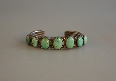 Old Pawn Navajo Indian Row Bracelet - Light Blue-Green Turquoise Stones - 6 3/4"