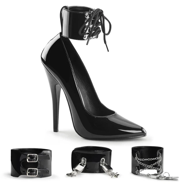 Vendita décolleté tacco alto Domina-434 Devious 4 pezzi cinghia a catena nera vernice 39