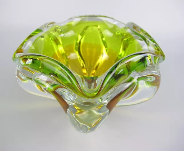 Chribska Green Glass Bowl Vase. Jozef Hospodka Studio Art. Czech Bohemian 1960's