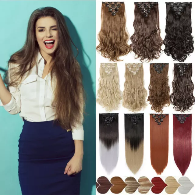 100% Real Clip in Natural as Human Hair Extensions 8 Pcs Long Wavy ON CLEARANCE