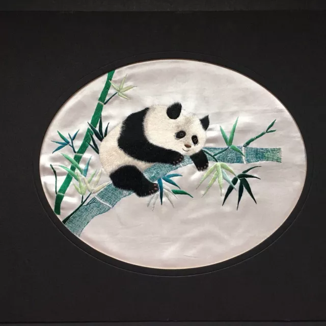 Handwoven Silk Chinese Embroidery Black & White Giant Panda Bear Bamboo Branch Handwoven Silk Chinese Embroidery Black & White Giant Panda Bear Bamboo Branch