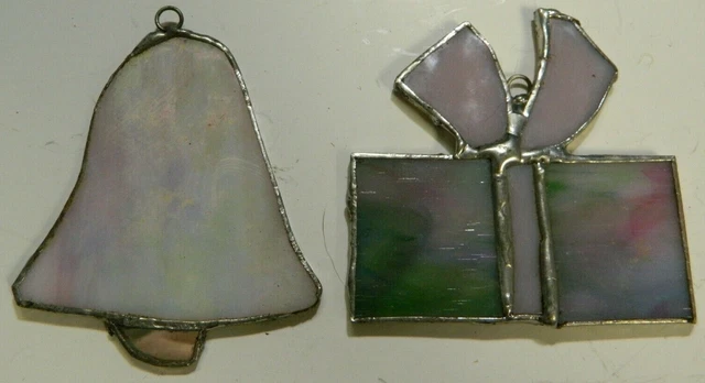 Handcrafted Leaded Stained Slag Glass Bell & Present Ornaments Excellent Cond