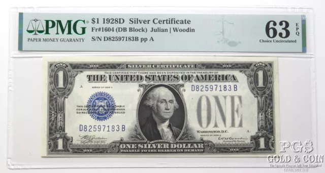 $1 1928D Silver Certificate Fr#1604 Julian/Woodin PMG 63 EPQ Choice UNC 26425