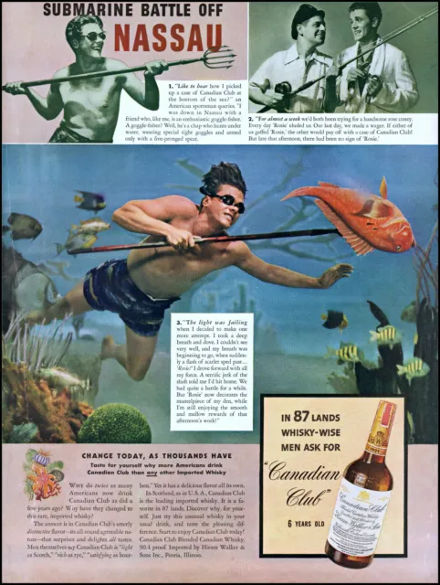 1940 Nassau underwater spear fisherman Canadian Club whisky photo print ad L77