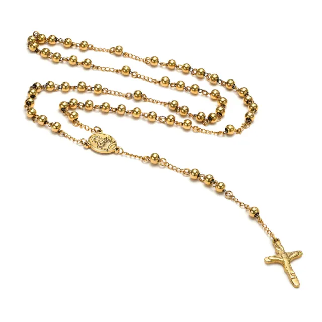 Gold Plated Necklace 18k Cross Crucifix With Holy Mary Pendant Rosary Bead