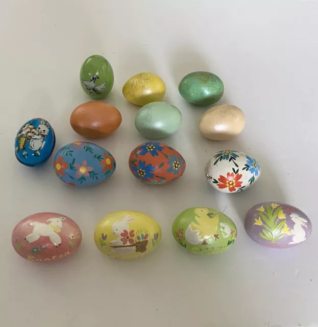 Lot of 14 Vintage 1973 Easter Eggs Hand Painted Bunny Lamb Duck Ceramic Wood Tin