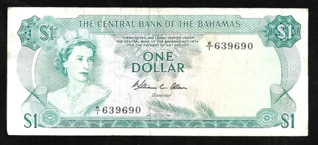 World Paper Money - Bahamas $1 Dollar ND 1974 P35b QEII Sign Allen @ Crisp VF