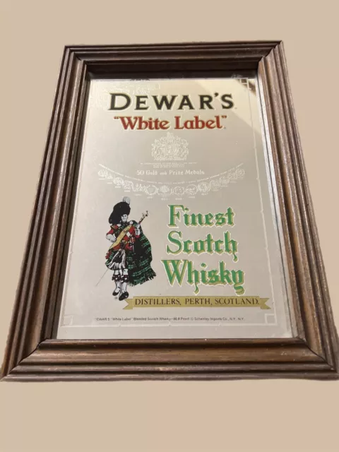 Vintage Scotch Whisky Dewars White Label Bagpiper Framed Mirror Sign 14"x10"
