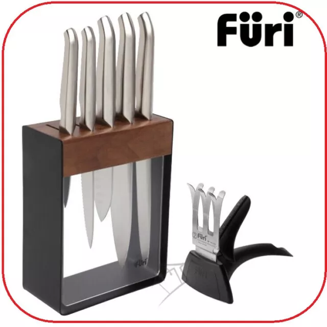 ❤ Furi Pro 7 Piece Stainless Steel Knife Block Set Black With Diamond Sharpener❤