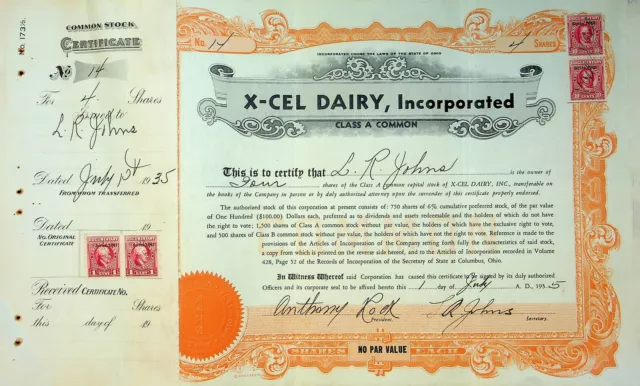 X-Cel Dairy Company Stock Certificate Bond Scripophilly Akron Ohio 1935 No 14 Y