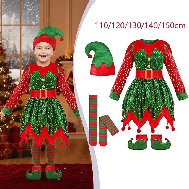 Costume Elfe De Noël Adulte Et Enfant - Déguisement Lutin Vert, Taille 90 à 180 Cm - Pour Fête, Famille, Photo