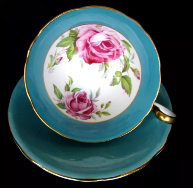 Vintage Aynsley Teacup & Saucer Set Huge Floating Pink Cabbage Roses Teal Color