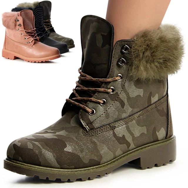 Femmes Travailleur Bottes Bottines à Lacets Fausse Fourrure Chaud Paillettes