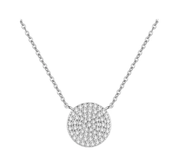 Small Flat Round Cubic Pave Zirconia Rhinestone Silver Pendant Chain Necklace