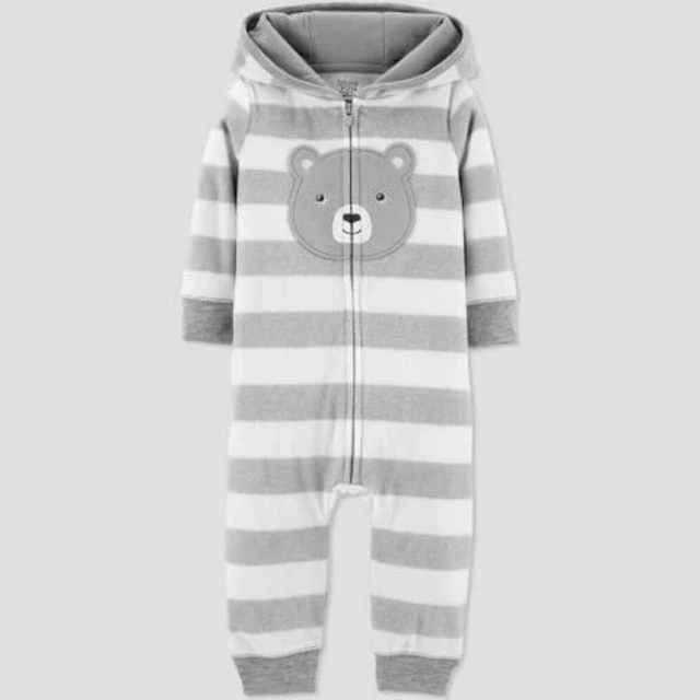 NWT Carter's 18 Months Bear Striped Grey White Hooded Neutral Coverall Jumpsuit