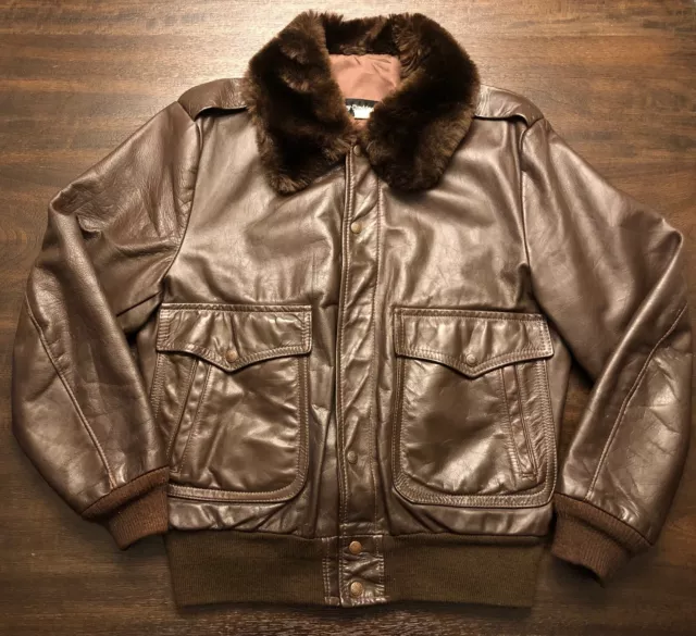 Vintage AMF Harley Davidson Men's Brown Faux Fur Collar Leather Bomber Jacket 42