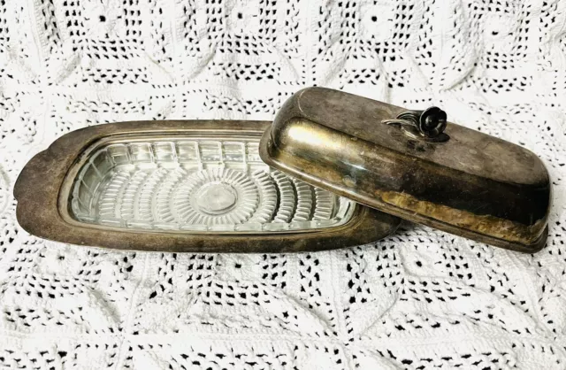Oneida Silversmith Silver Plate Butter Dish Floral Knob Glass Tray Insert