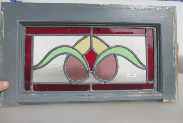 Antique Stained Glass Window Panel Old Wooden Art Nouveau Victorian 19"x10.5"