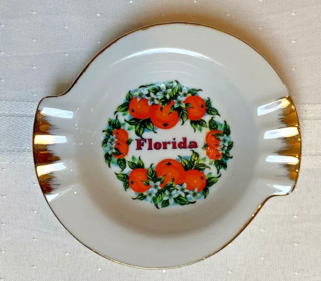 VTG MCM FLORIDA ORANGES Ashtray Souvenir Collectible Dish Porcelain Gold Japan