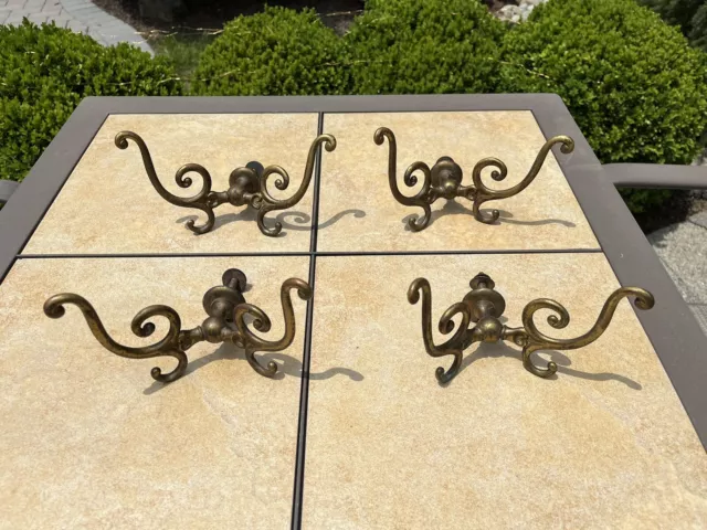 Lot of 4 Salvaged Antique Victorian Large Brass Double Coat Hat Wall Hooks 7"