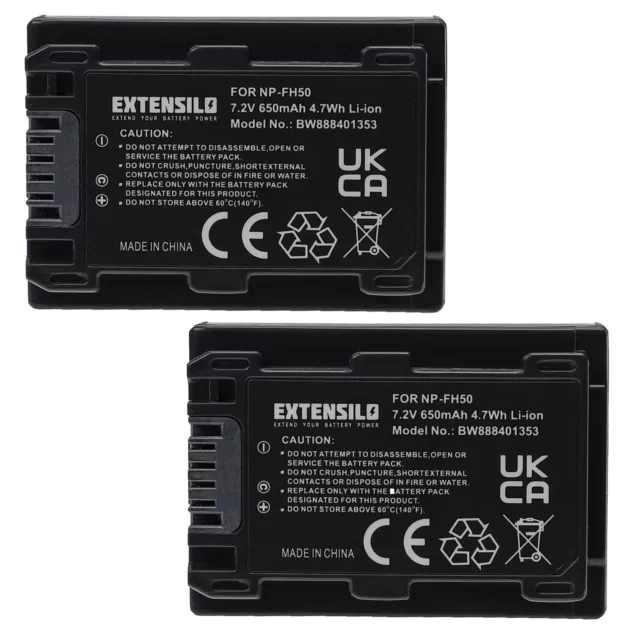 2 Batteries pour Sony Cybershot DSC-HX100, DSC-HX100V, DSC-HX200V 650mAh